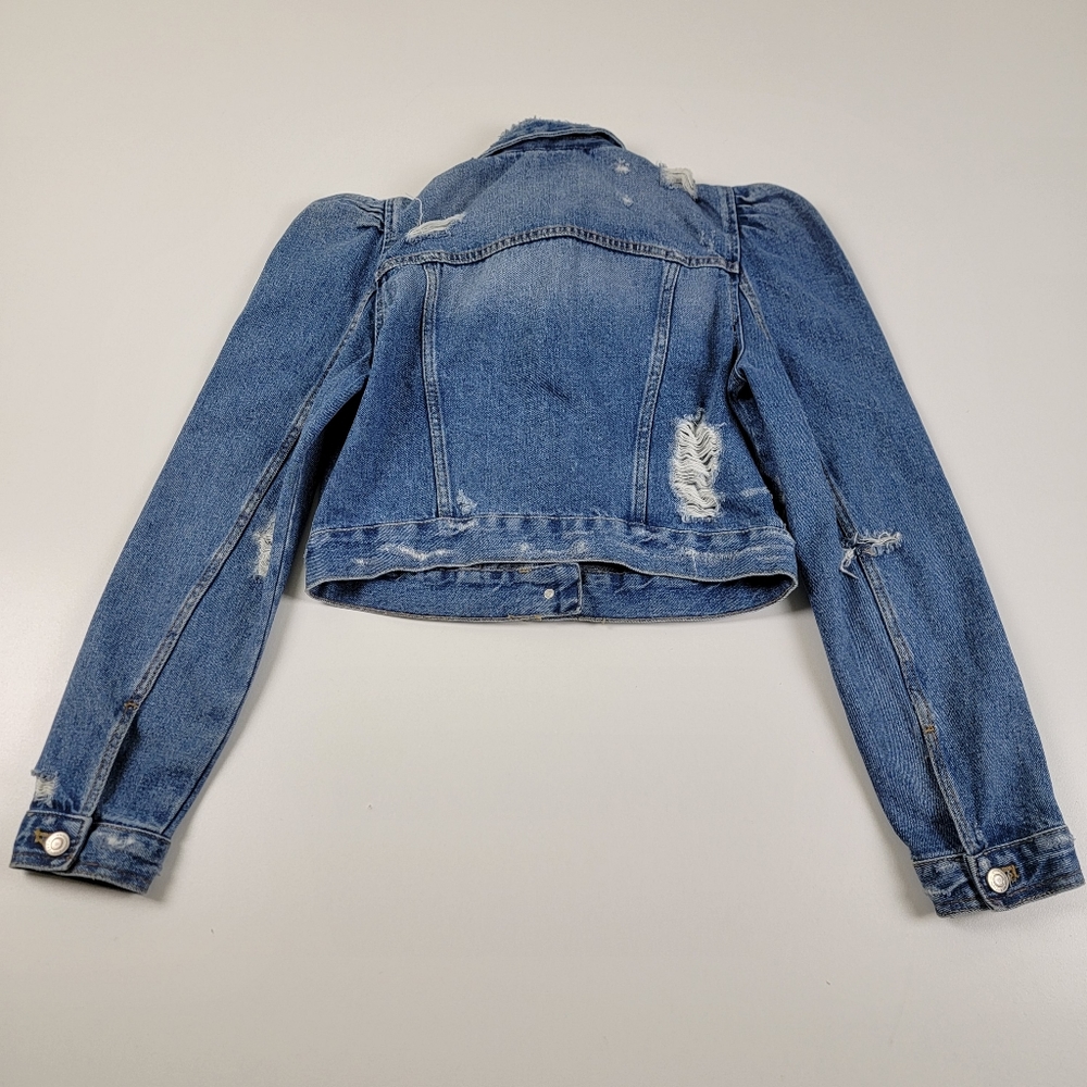 Zara Light Blue Distressed Puff-Shoulder Cropped Jean Jacket - Picture 11 of 12